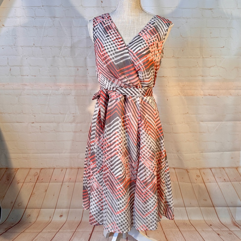 Banana Republic Dress Gray Peach White Faux Wrap Stripes Sleeveless Lined XS